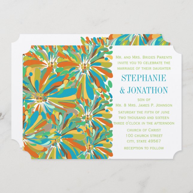 Modern Teal Orange Green Chrysanthemum Invitation (Front/Back)