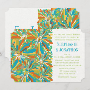 Modern Teal Orange Green Chrysanthemum Invitation