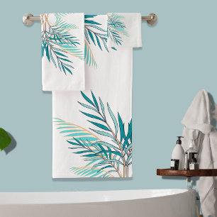 Modern Teal Palm Leaves Beach Bathroom Bath Towel Set