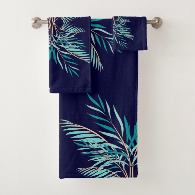 Modern Teal Palm Leaves Navy blue Bathroom   Bath Towel Set (Insitu)