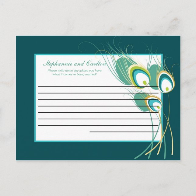 Modern Teal Peacock Wedding Writable Advice Card (Front)
