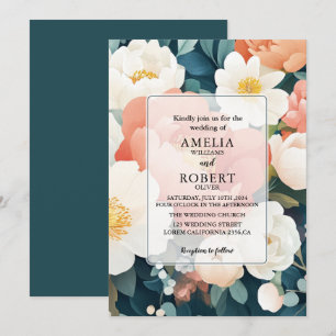 Modern Teal peonies Floral Wedding Invitation
