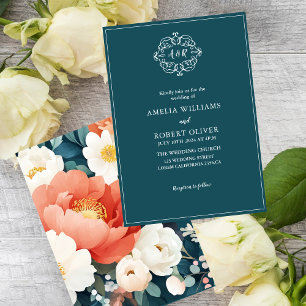 Modern Teal peonies Floral Wedding Invitation