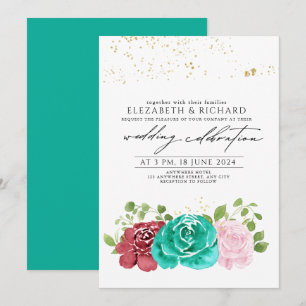 Modern Teal Pink Red Floral Greenery Wedding Invitation