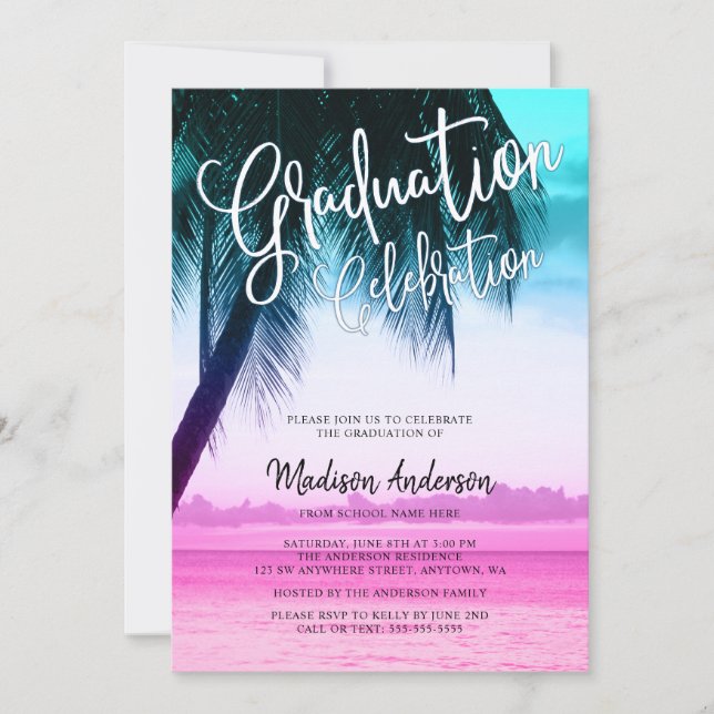 Modern Teal Pink Tropical Beach Graduation Party Invitation (Front)