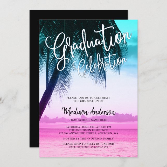 Modern Teal Pink Tropical Beach Graduation Party Invitation (Front/Back)