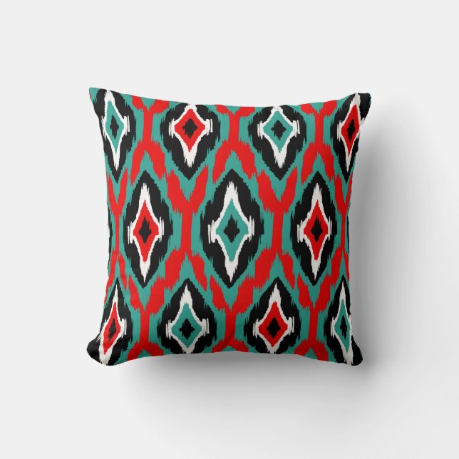 Modern teal red black Ikat Tribal Pattern 1a Throw Pillow (Front)