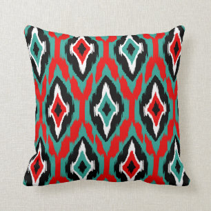 Modern teal red black Ikat Tribal Pattern 1a Throw Pillow