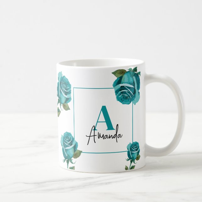 Modern Teal Rose Monogram Custom Mom Coffee Mug (Right)