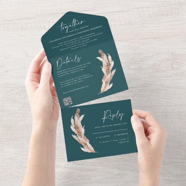 Modern teal rustic pampas wedding QR code All In One Invitation (Tearaway)