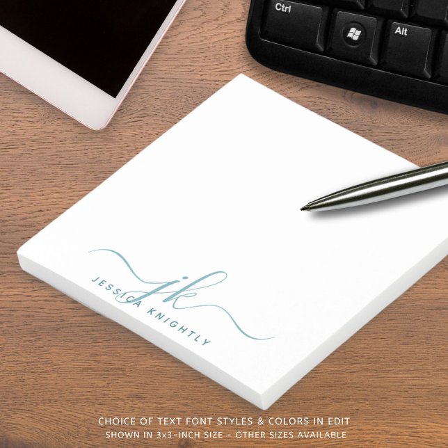 Modern Teal Script Monogram Initials Post-it Notes (Creator Uploaded)
