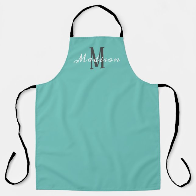 Modern Teal Script Monogram Personalized Name  Apron (Front)