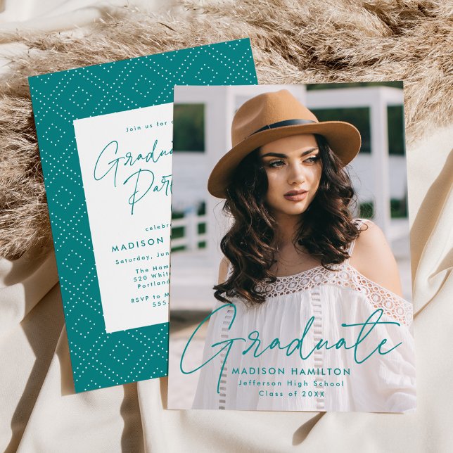 Modern Teal Script Photo Graduation Party Invitation (Creator Uploaded)