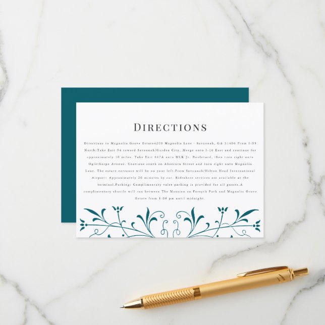 Modern Teal Scrollwork Directions Wedding Card (Front/Back In Situ)