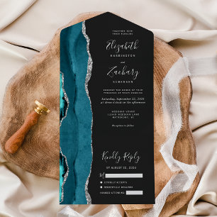 Modern Teal Silver Agate Dark Wedding All In One Invitation