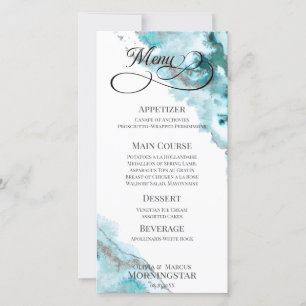 Modern Teal Silver Watercolor Moss Agate Menu
