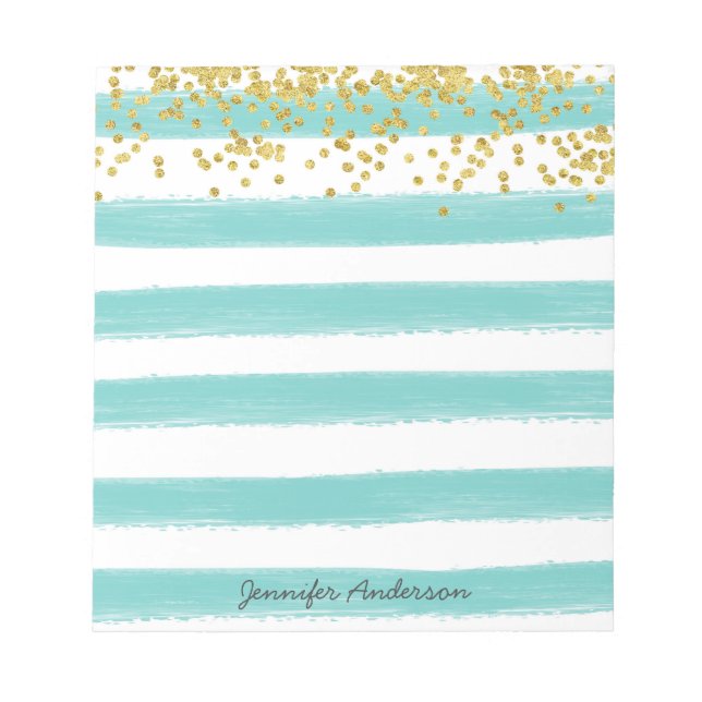 Modern Teal Stripe Gold Confetti Personalize Notepad (Front)