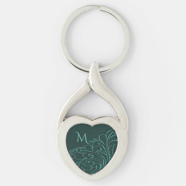 Modern Teal Swirl Elegant Monogram Keychain (Front)