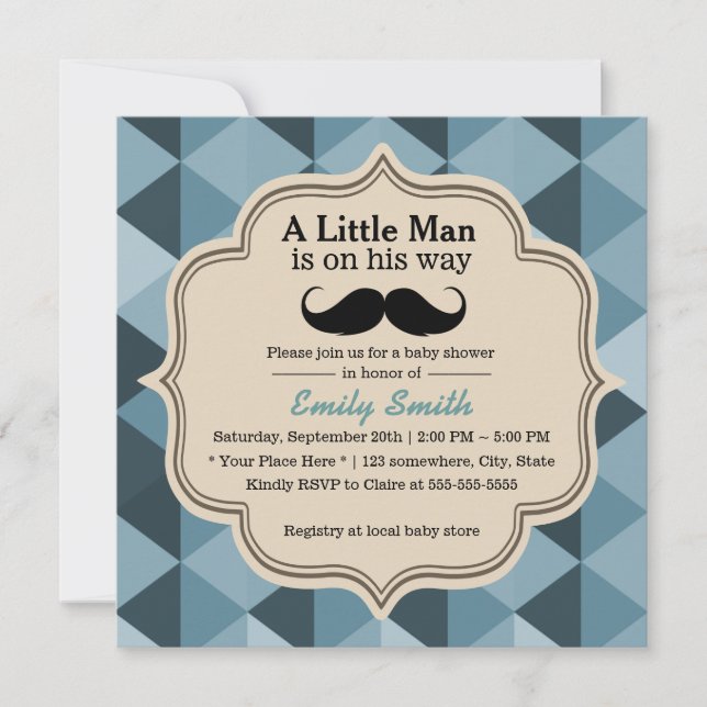 Modern Teal Triangles Moustache Baby Shower Invitation (Front)
