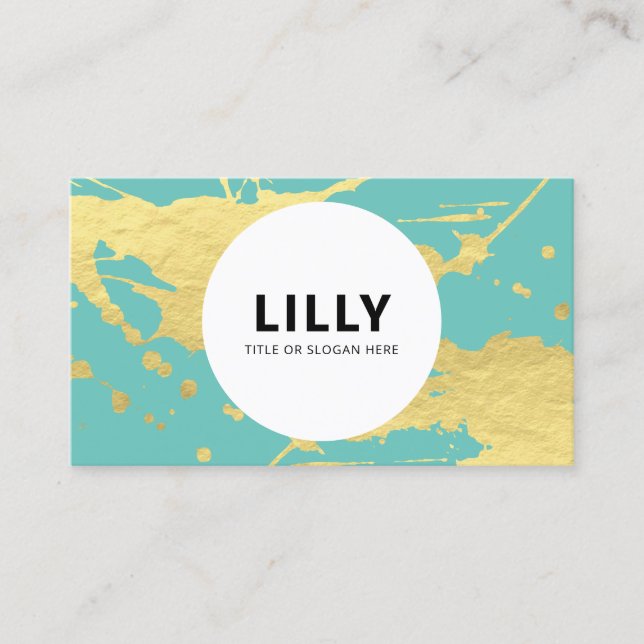 Modern Teal Turquoise  Gold Paint Splatter Splash Business Card (Front)