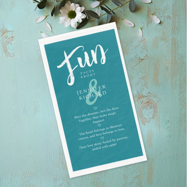 Modern Teal Turquoise Handwriting Fun Fact Wedding Napkin (Creator Uploaded)