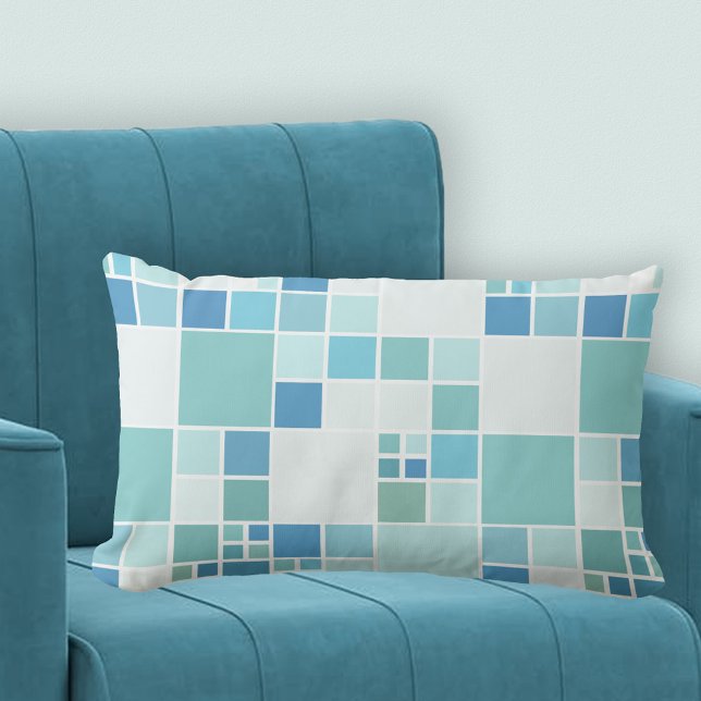 Modern Teal Turquoise Pattern Pillow (A pillow with a geometric tile design in blue, teal, turquoise and green - beach house - modern)