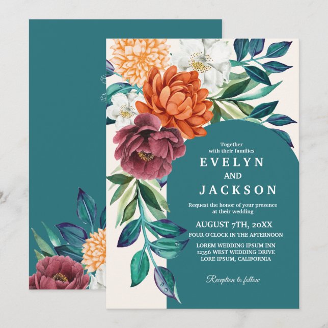 Modern Teal watercolor floral fall Wedding  Invitation (Front/Back)
