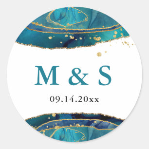 Modern Teal Watercolor Gold Agate Personalized Classic Round Sticker
