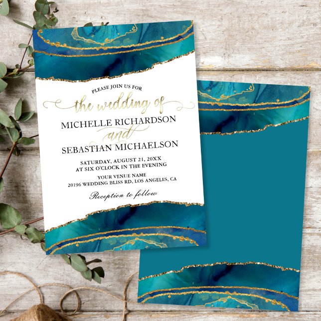 Modern Teal Watercolor Gold Agate Wedding Invitation (Modern Teal Watercolor Gold Agate Wedding Invitation)