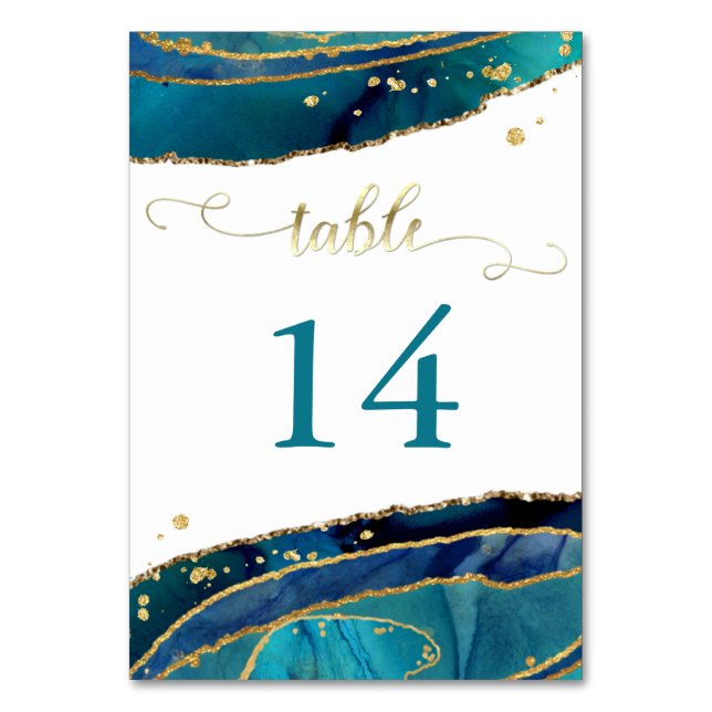 Modern Teal Watercolor Gold Agate Wedding Table Number (Front)