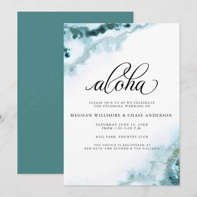 Modern Teal Watercolor Moss Agate Aloha Invitation (Front/Back)