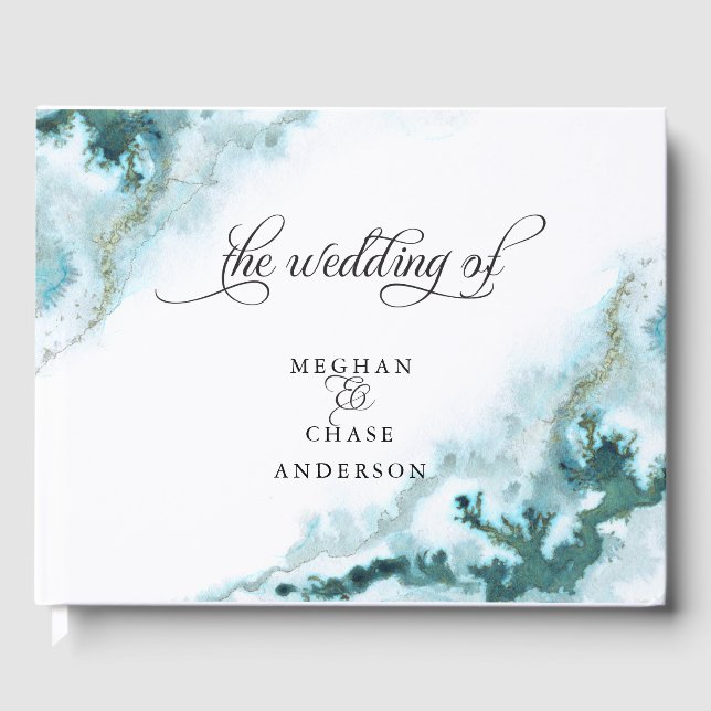 Modern Teal Watercolor Moss Agate BarefootBride™ Guest Book (Front)