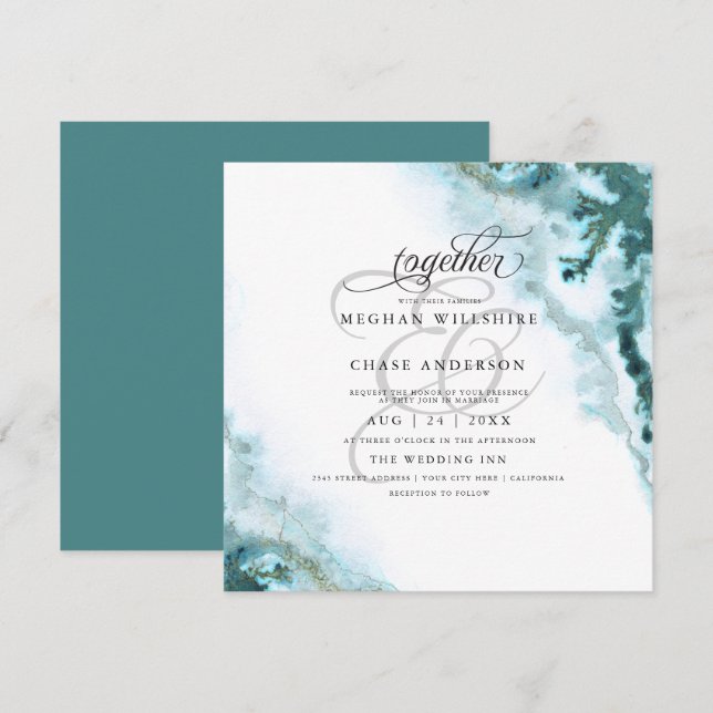 Modern Teal Watercolor Moss Agate BarefootBride™ Invitation (Front/Back)