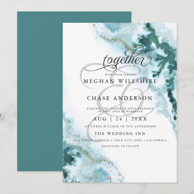 Modern Teal Watercolor Moss Agate BarefootBride™ Invitation (Front/Back)