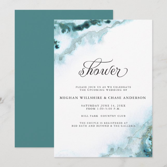Modern Teal Watercolor Moss Agate BarefootBride™ Invitation (Front/Back)