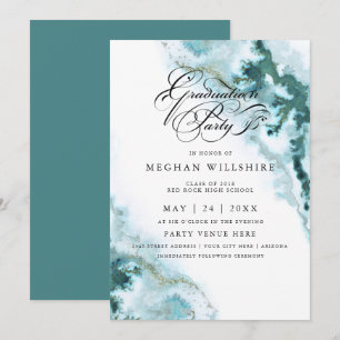 Modern Teal Watercolor Moss Agate Graduation Party Invitation
