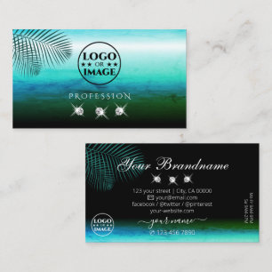 Modern Teal Watercolor Palm Leaves Jewels Add Logo Business Card