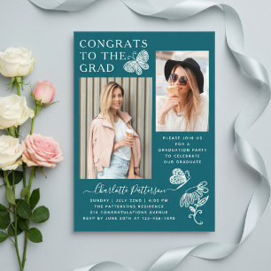 Modern Teal White Butterfly Photo Graduation Party Acrylic Invitations