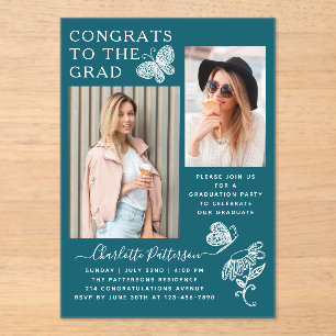 Modern Teal White Butterfly Photo Graduation Party Acrylic Invitations