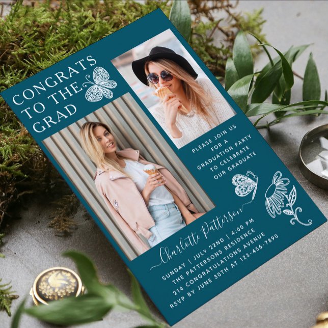 Modern Teal White Butterfly Photo Graduation Party Invitation (Creator Uploaded)