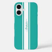 Modern Teal White Racing Stripes Monogrammed Chic