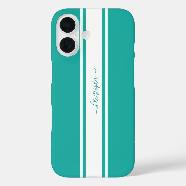 Modern Teal White Racing Stripes Monogrammed Chic Case-Mate iPhone Case (Back)