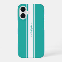 Modern Teal White Racing Stripes Monogrammed Chic