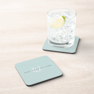 Modern Teal White Script Monogram Coaster