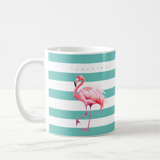 Modern Teal White Stripe Pink Flamingo Custom Name Coffee Mug (Left)