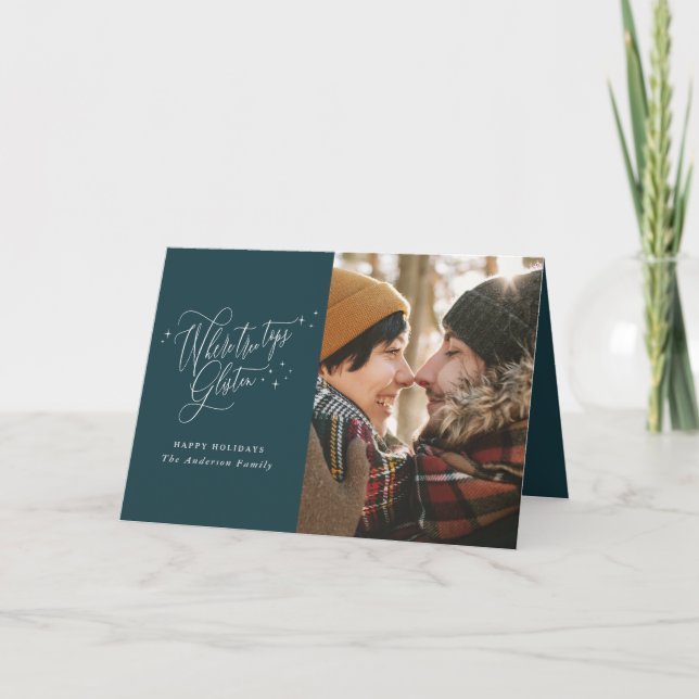 Modern teal winter forest multi photo Christmas Card (Front)
