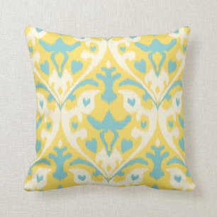 Modern teal yellow girly ikat tribal pattern throw pillow