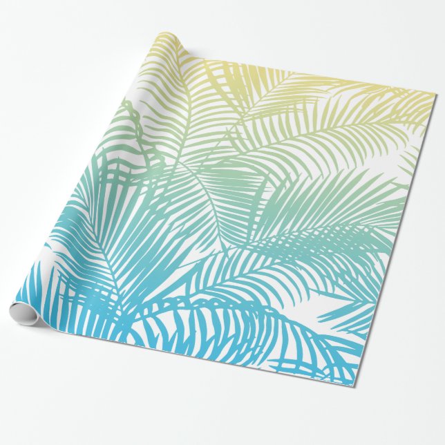 Modern teal yellow tropical palm trees pattern wrapping paper (Unrolled)