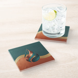 Modern Teardrop Wave Teal Copper Gold Glass Coaster