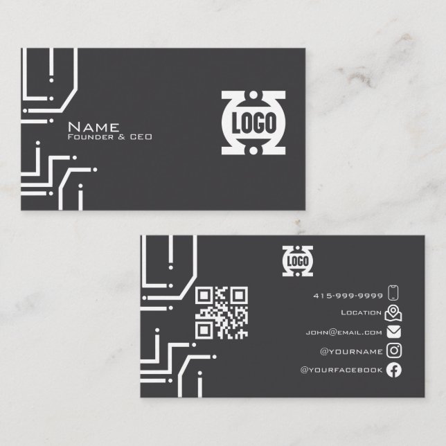 Modern Tech Circuit Board QR Code Business Card (Front/Back)